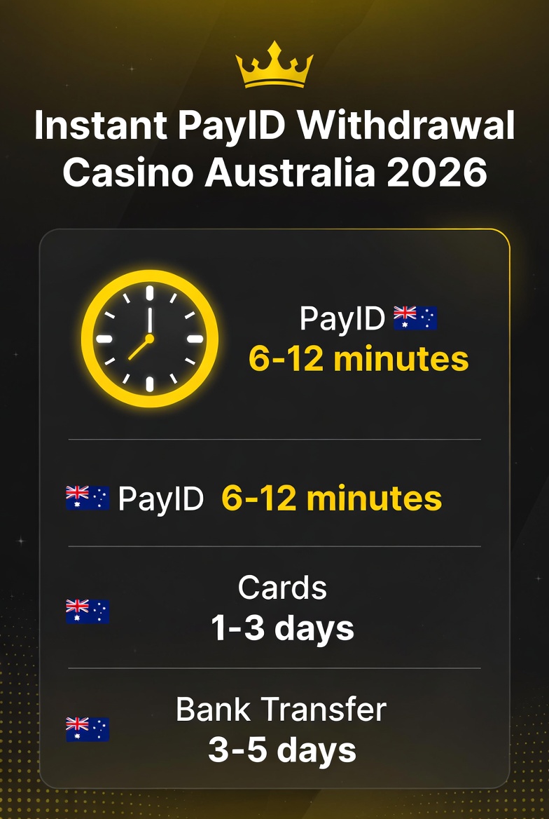 Instant PayID Withdrawal Casino Australia 2026 - Speed comparison showing PayID 6-12 minutes vs Cards 1-3 days vs Bank Transfer 3-5 days